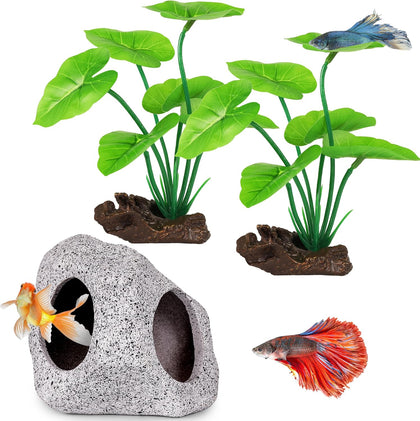 Fish Tank Decor, Silk Aquarium Plants and Hideaway Rock Cave Decor for Betta Fish Tank Accessories, Goldfish, Turtle