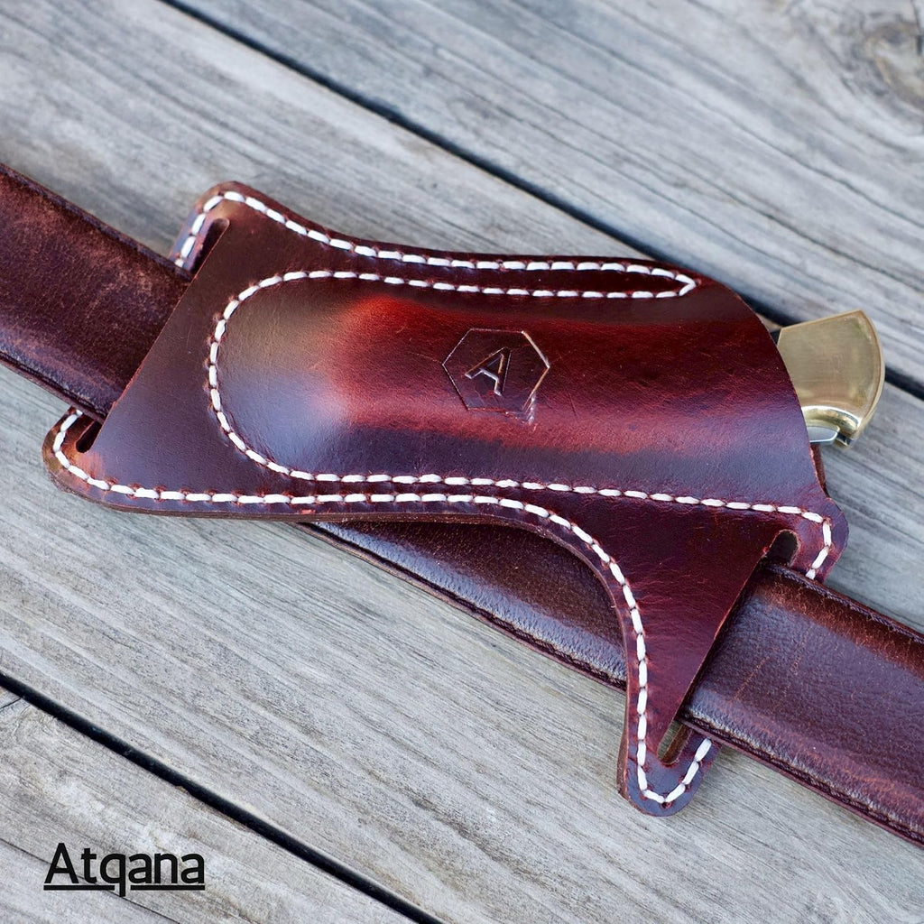 Leather Knife Sheath for Belt (Premium Leather) - Knife Holder for Belt with Side Draw Pocket for Folding Knife and