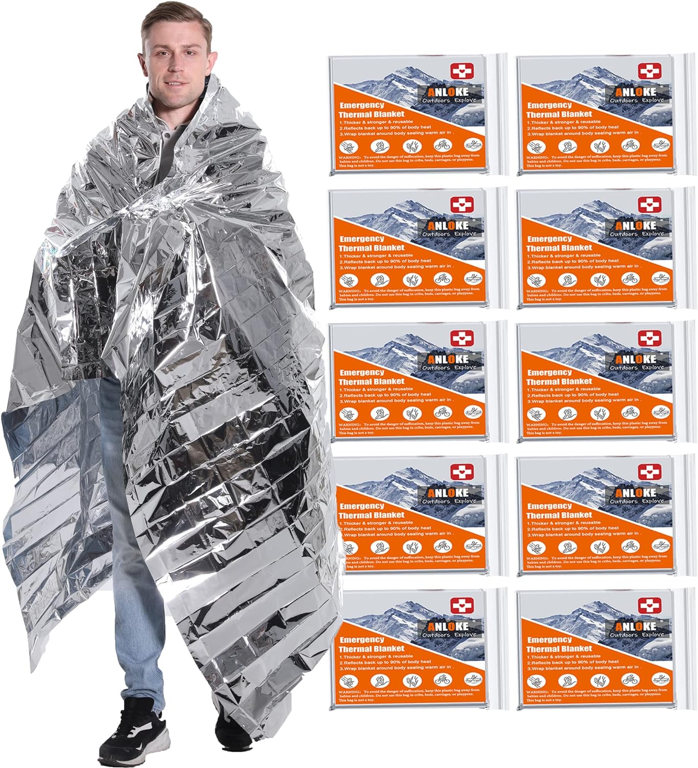 Emergency Blankets Mylar Thermal Blanket,(10 Pack) of Gigantic Space Blanket 84 * 64 in. Survival Blankets Heavy Duty