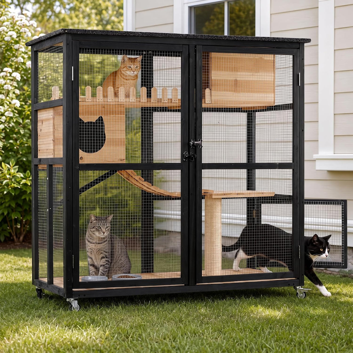 Cat Catio Outdoor Cat Enclosure, Multi-Level Wooden Cat House with Wheels
