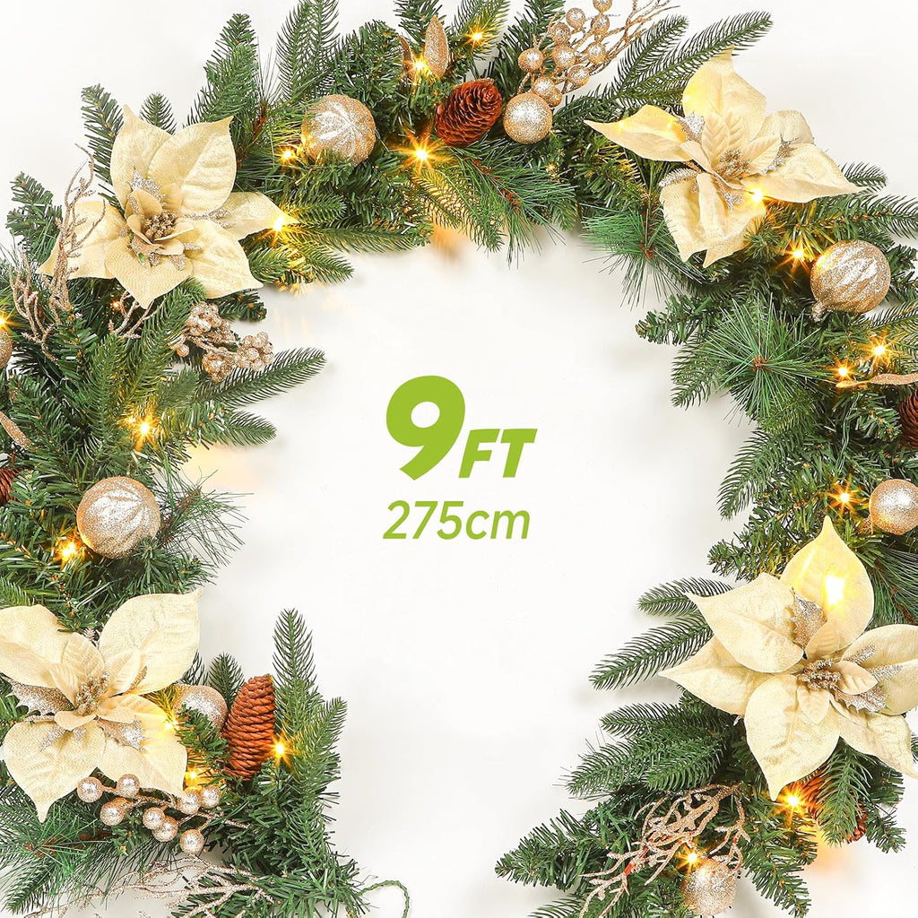 9FT Prelit Christmas Garland Decorations with Multi-Color LED Lights, Battery-Operated Timer, Lighted Garland with
