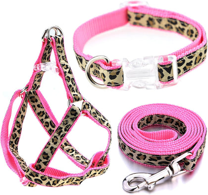 Leopard Dog Harness Collar Leash Set, Adjustable No Pull Dog Halter Harness for Small Breed Dogs, Easy Control for
