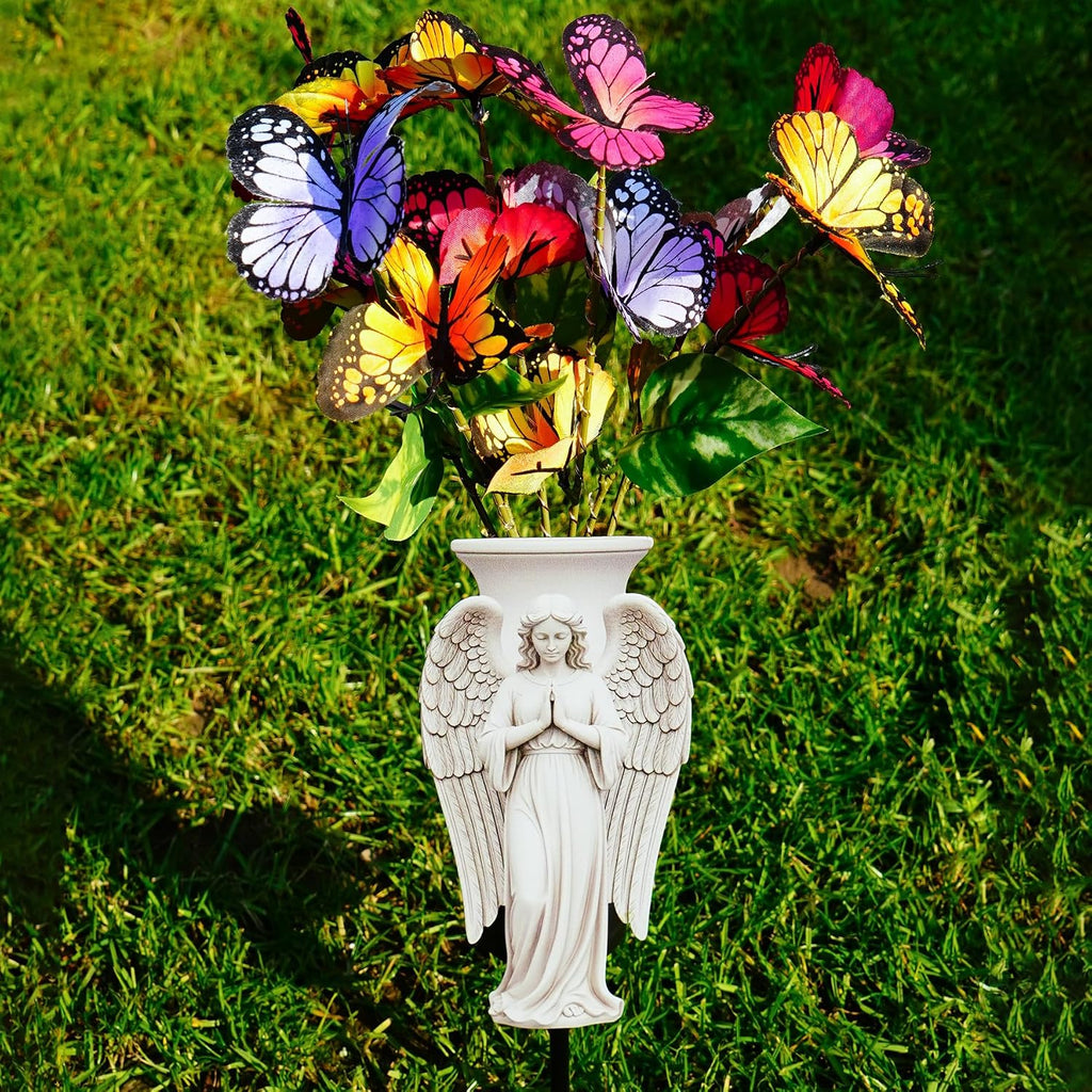 Solar Angel Grave Decorations - Metal Silhouette Memorial Stake with Butterfly Lights, Flat Garden Decor for