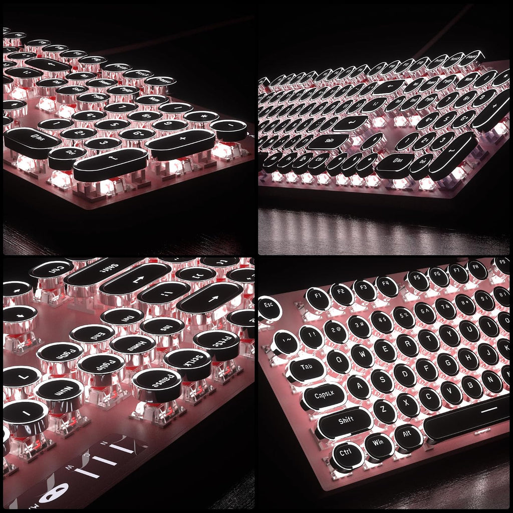 Retro Pink Typewriter-Style Keyboard and Mouse Combo, Cute Light Up Wired Mechanical Keyboard with Linear Red