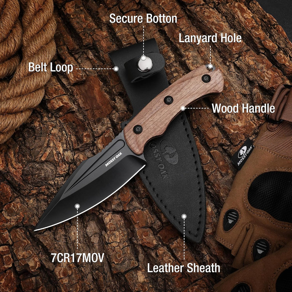 8.5" Full-tang Fixed Blade Knife w/Sheath (Wooden Handle-Brown) | Stainless Steel Blade; Outdoor Knives for Survival