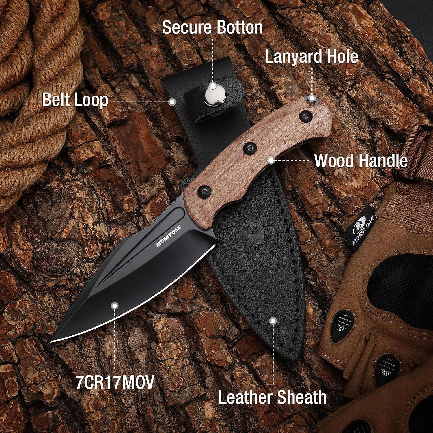 8.5" Full-tang Fixed Blade Knife w/Sheath (Wooden Handle-Brown) | Stainless Steel Blade; Outdoor Knives for Survival
