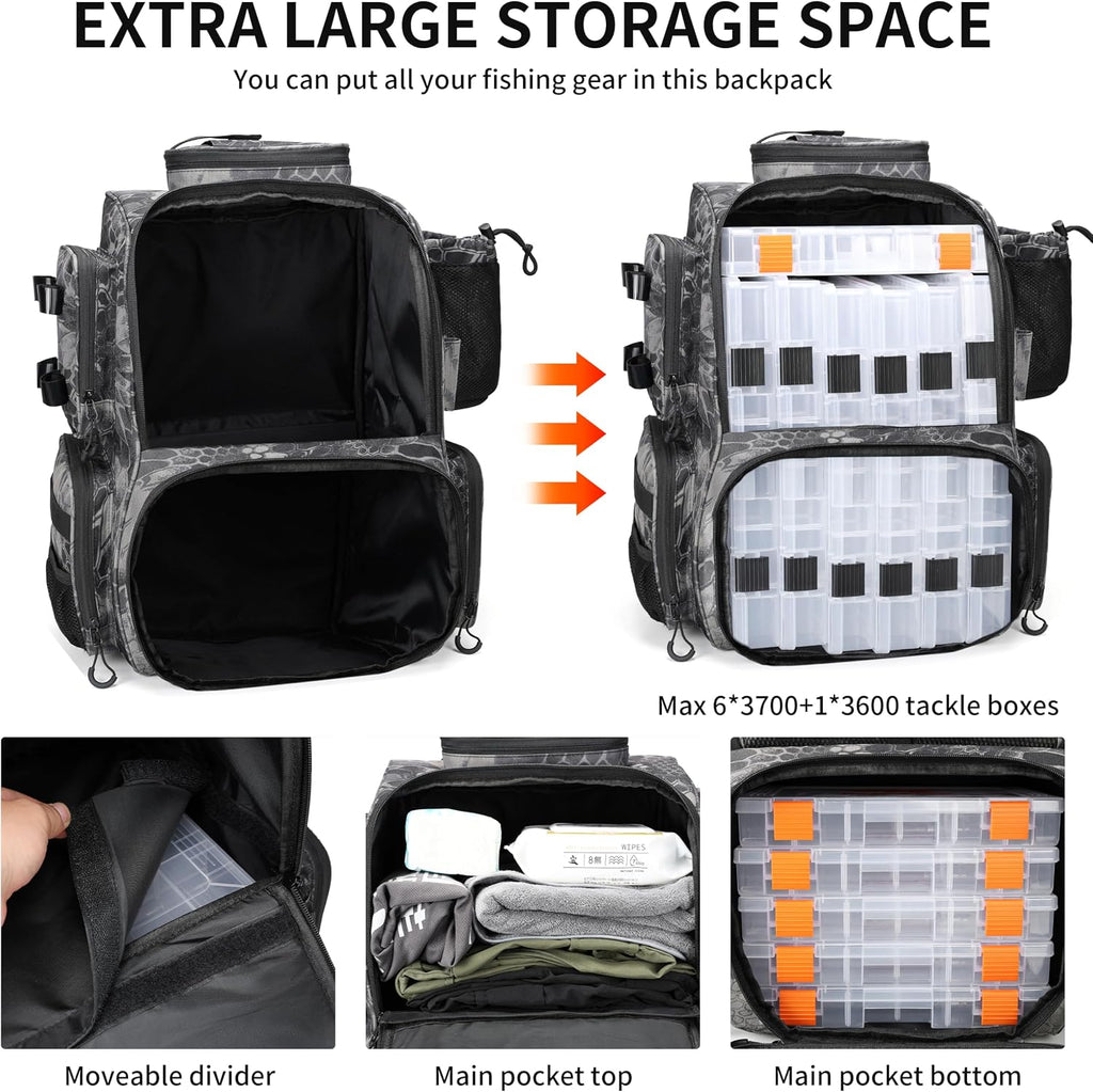 Fishing Tackle Backpack with Rod Holders, Bottle Holder, Storage Bag Store Fishing Gear