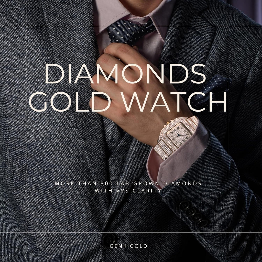 Diamond Watch for Men - 40mm Roman Numerals Square Dial - 18K Real Gold/Platinum/Rhodium Black/Rose Gold Plated 8.7"
