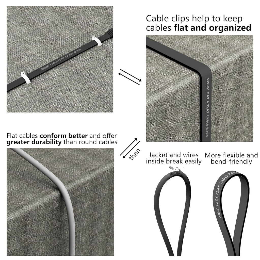 Cat6/Cat6A Ethernet Cable 50FT Flat with Clips 10Gbps Network, Black | 1FT 3FT 5FT 10FT 15FT 20FT 25FT 30FT 35FT 50FT