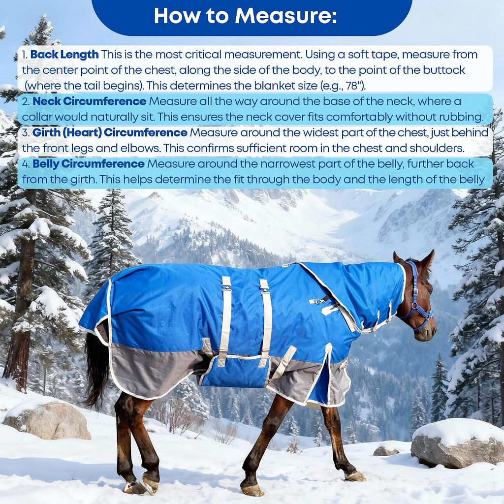 1200D Turnout Horse Blanket with Hood & Band, Medium Weight, Blue/Grey,78IN