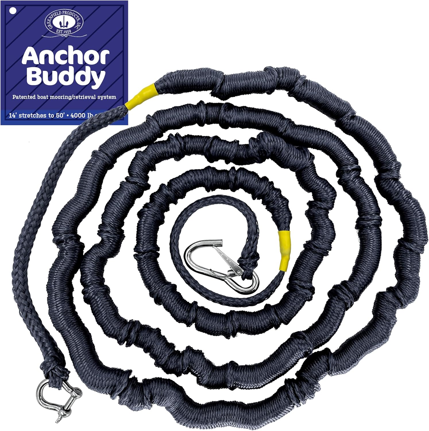 Greenfield Anchor Buddy, The Original Bungee Anchor Line for Boats. 14ft to 50ft Stretch. Elastic Anchor Rope, Bungee