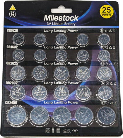 25-Pcs 3V Lithium Button Battery Assortment CR1620 CR1632 CR2025 CR2032 CR2450 for Car Key Fob, Sensors, Scales