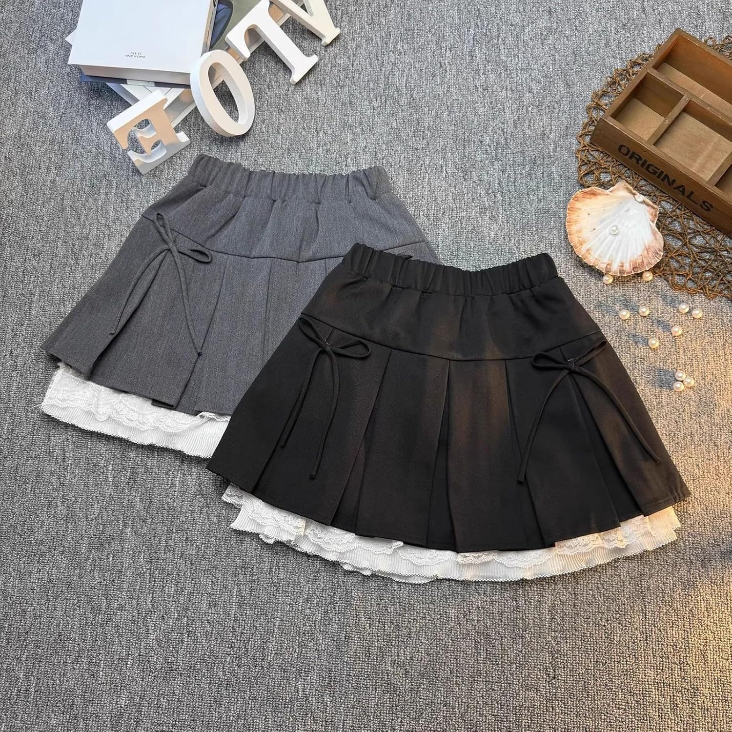 Girls Pleated Skirt Lace Hem Elastic Waist Uniform Teens Comfort School Kids Clothes with Bow