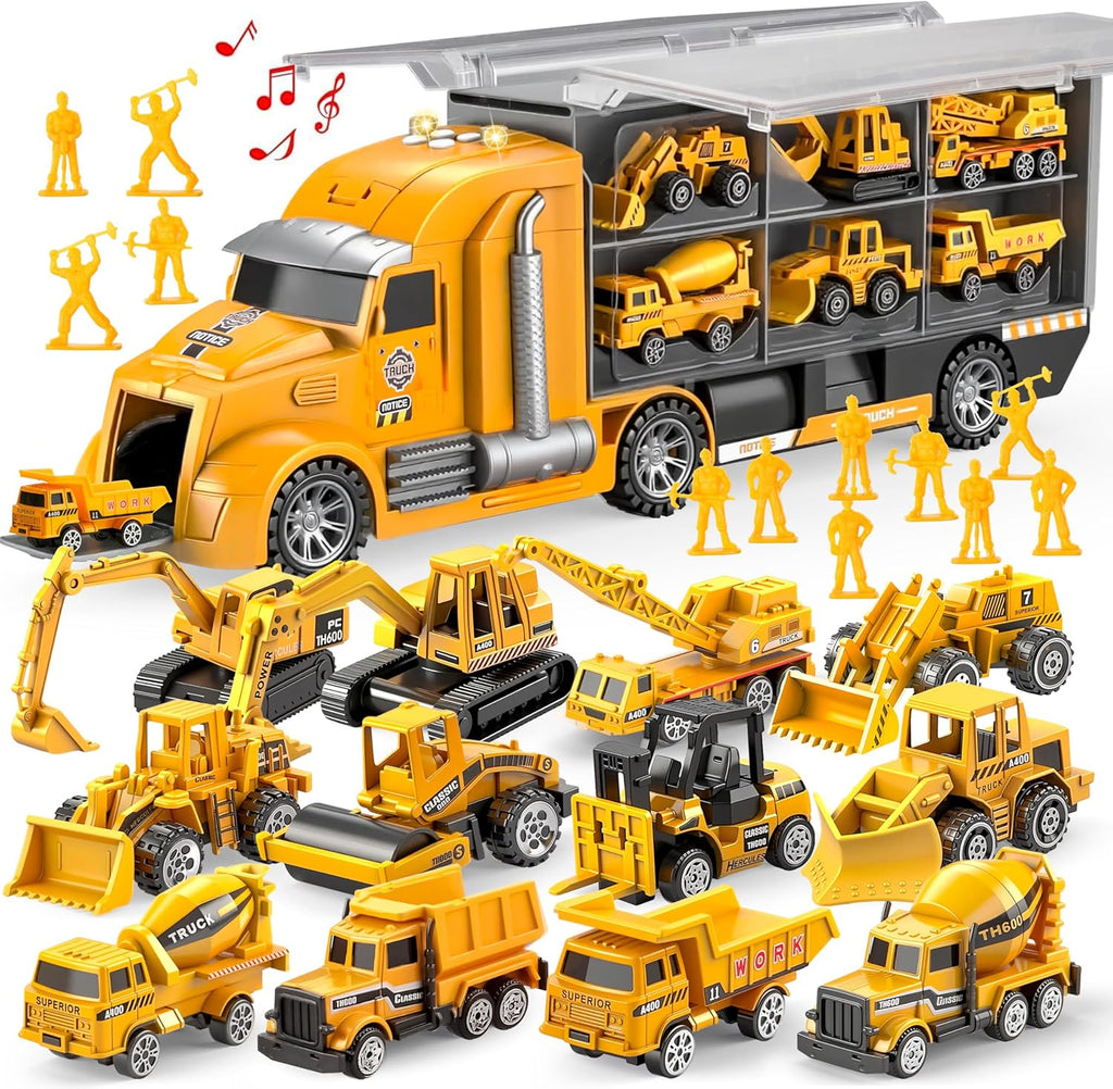 25-in-1 Construction Truck Toy Set with 12 Vehicles & 12 Worker Figures, Push and Go Toy Trucks with Sound and Light