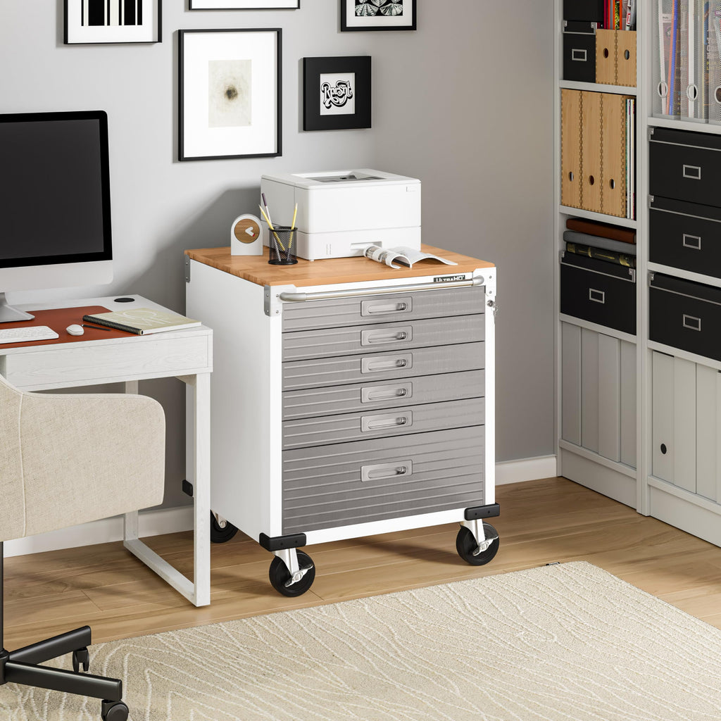 UltraHD Heavy Duty Rolling Cabinet Workbench Table w/Solid Wood Top, Workstation for Garage, Office, Workshop, White