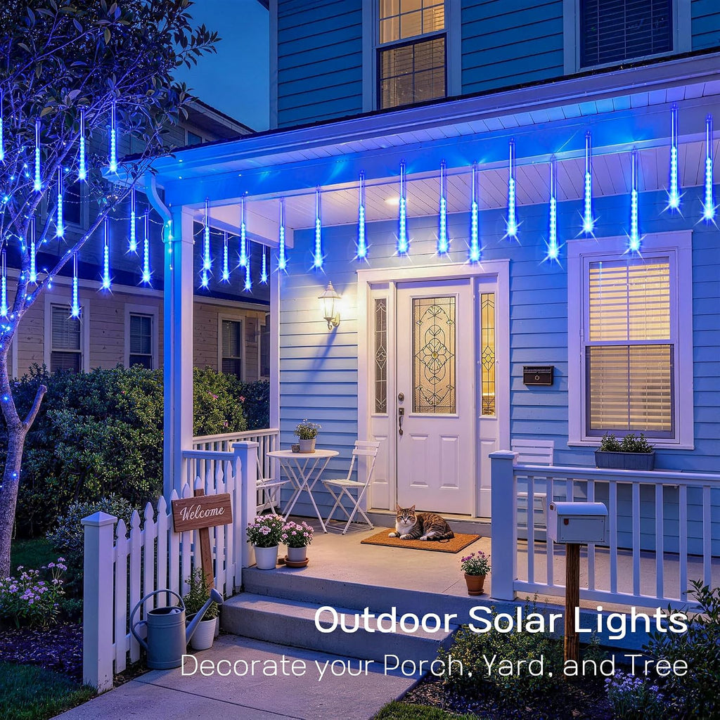 Solar Lights for Outdoor Decor, Solar Meteor Shower Lights Outdoor | 8 Tube 144 LEDs , Hanging Blue Christmas Lights