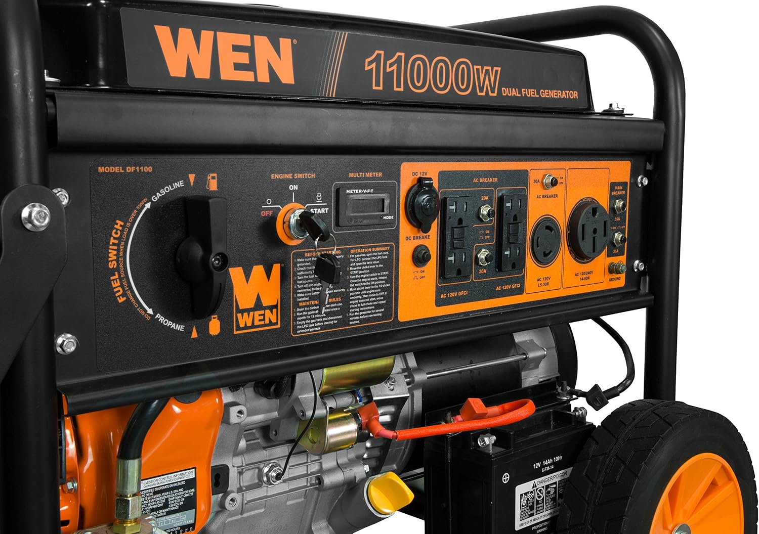 11,000-Watt 120V/240V Dual Fuel Portable Generator with Wheel Kit and Electric Start (DF1100T)