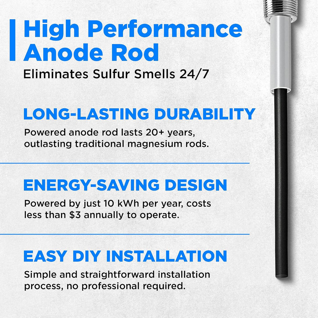 Powered Anode Rod for Water Heater, Electric Anode Rod for Water Heater, Eliminate Sulfur Smell in Well Water, Eliminate Rotten Egg Smell in Water, for 40-89 Gallon Except Bradford White