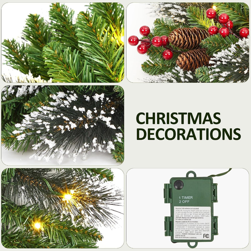 Christmas Wreath and Garland Set of 6, PreLit LED Artificial Christmas Décor with One Xmas Wreath and Arc Garland, 2
