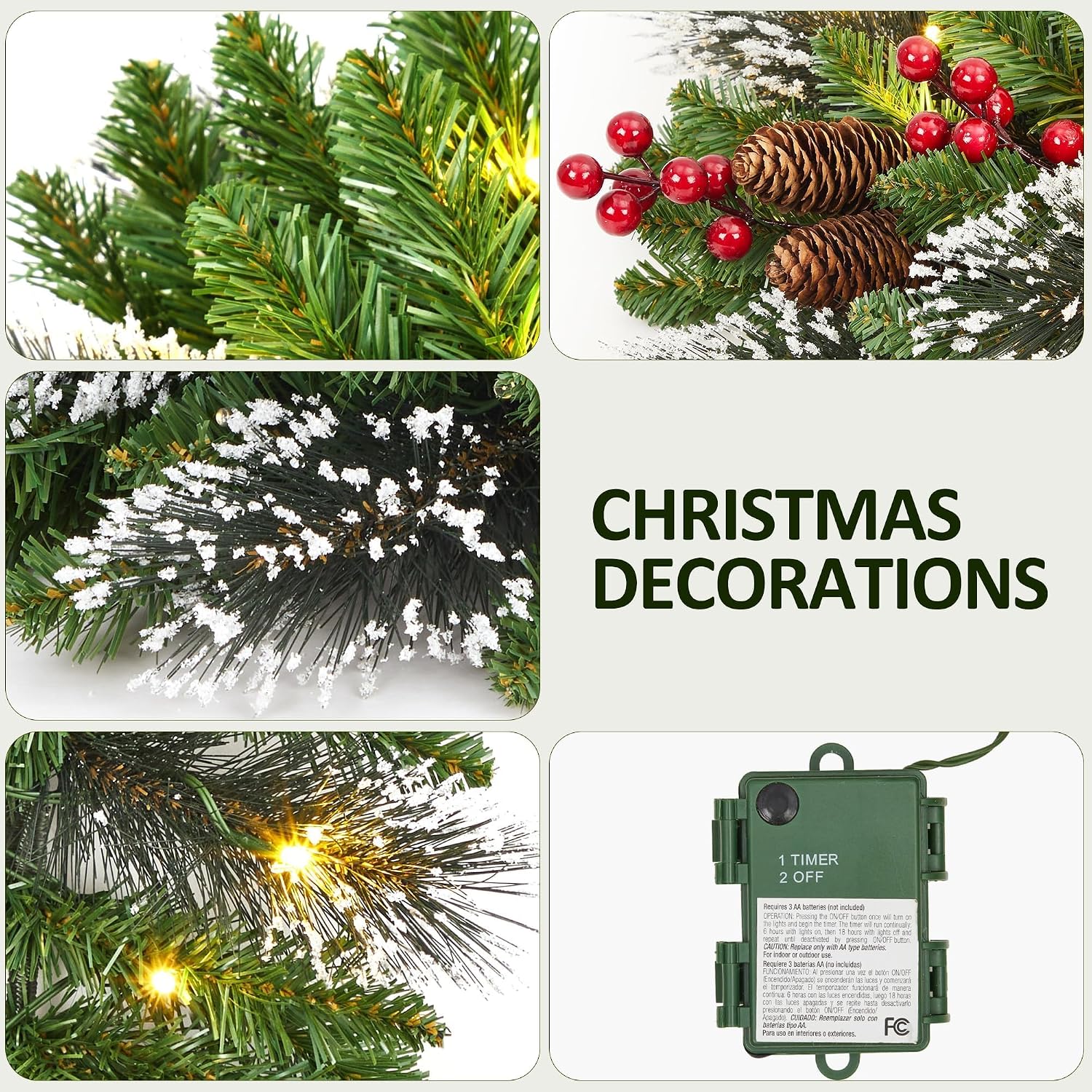 Christmas Wreath and Garland Set of 6, PreLit LED Artificial Christmas Décor with One Xmas Wreath and Arc Garland, 2