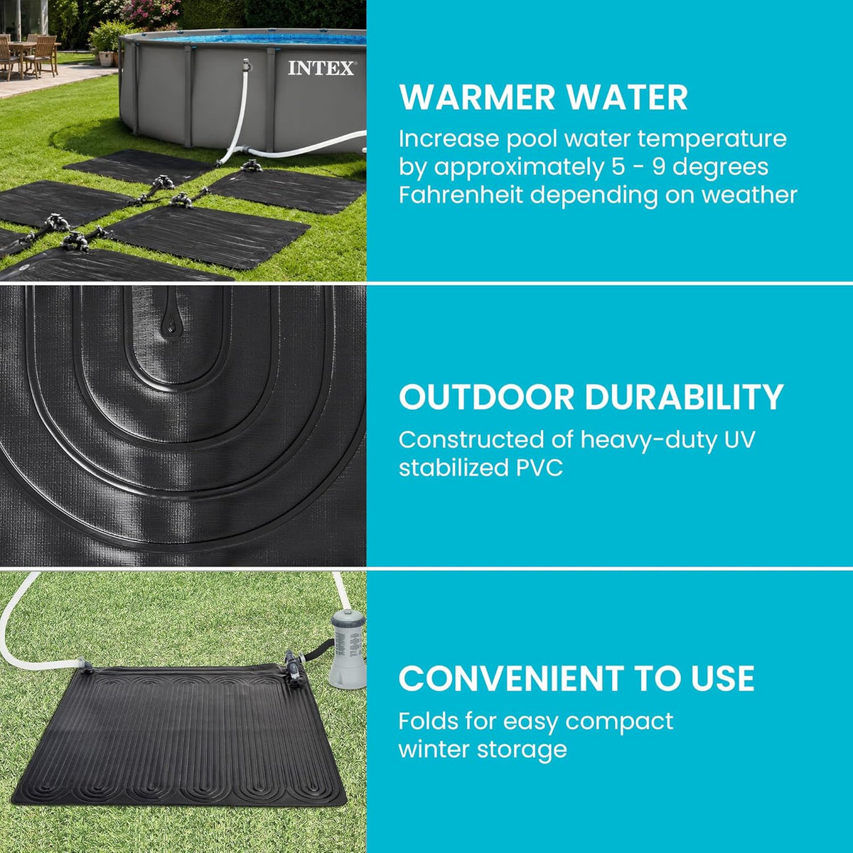 47"x47" Solar Pool Water Heater Mat for 8,000 Gallon Above Ground Swimming Pool with Hose Attachment 2 Adaptors and