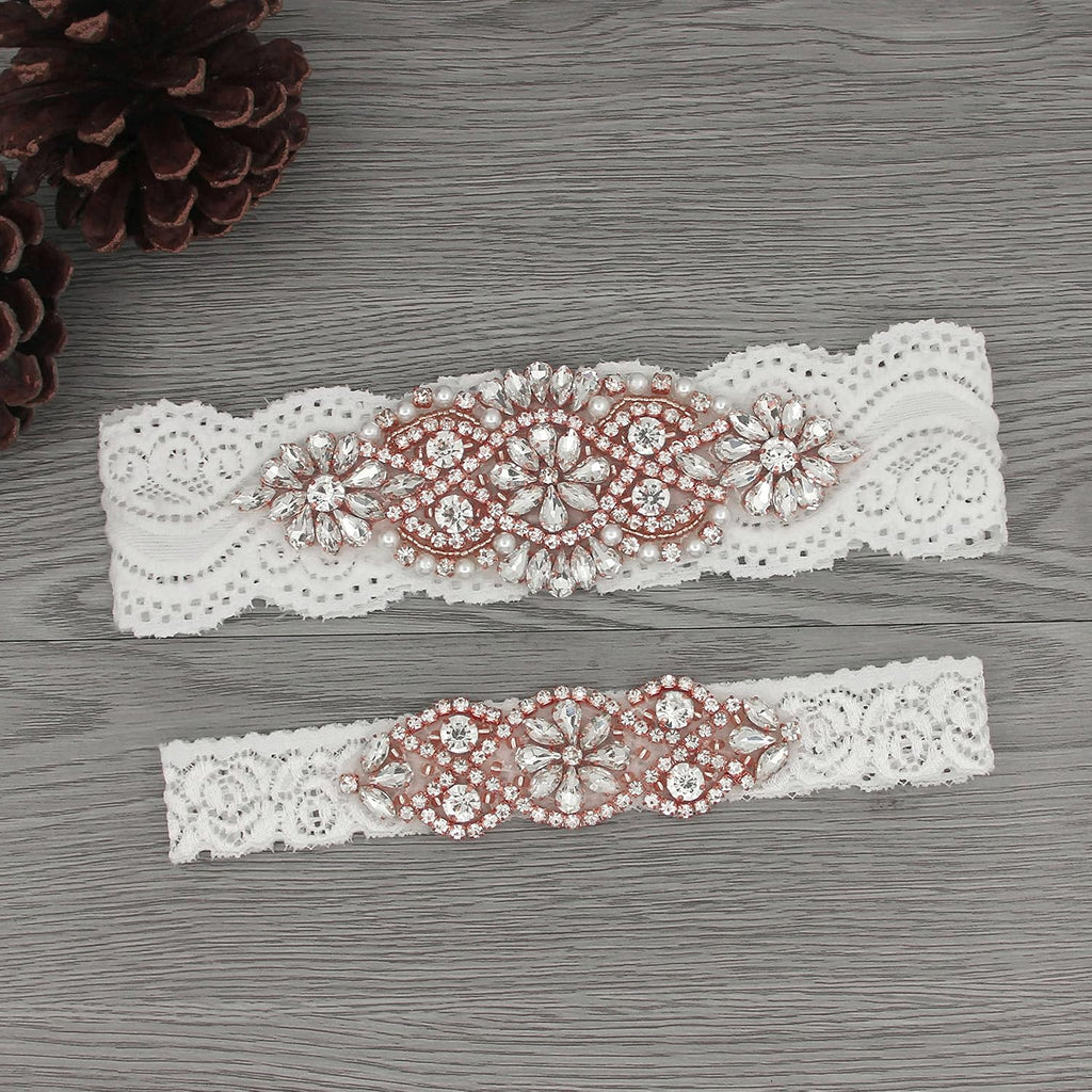 Wedding Garters for Bride with Non-Slip Silicone, Lace Bridal Garter Set with Clear Rhinestones Crystal Pearl