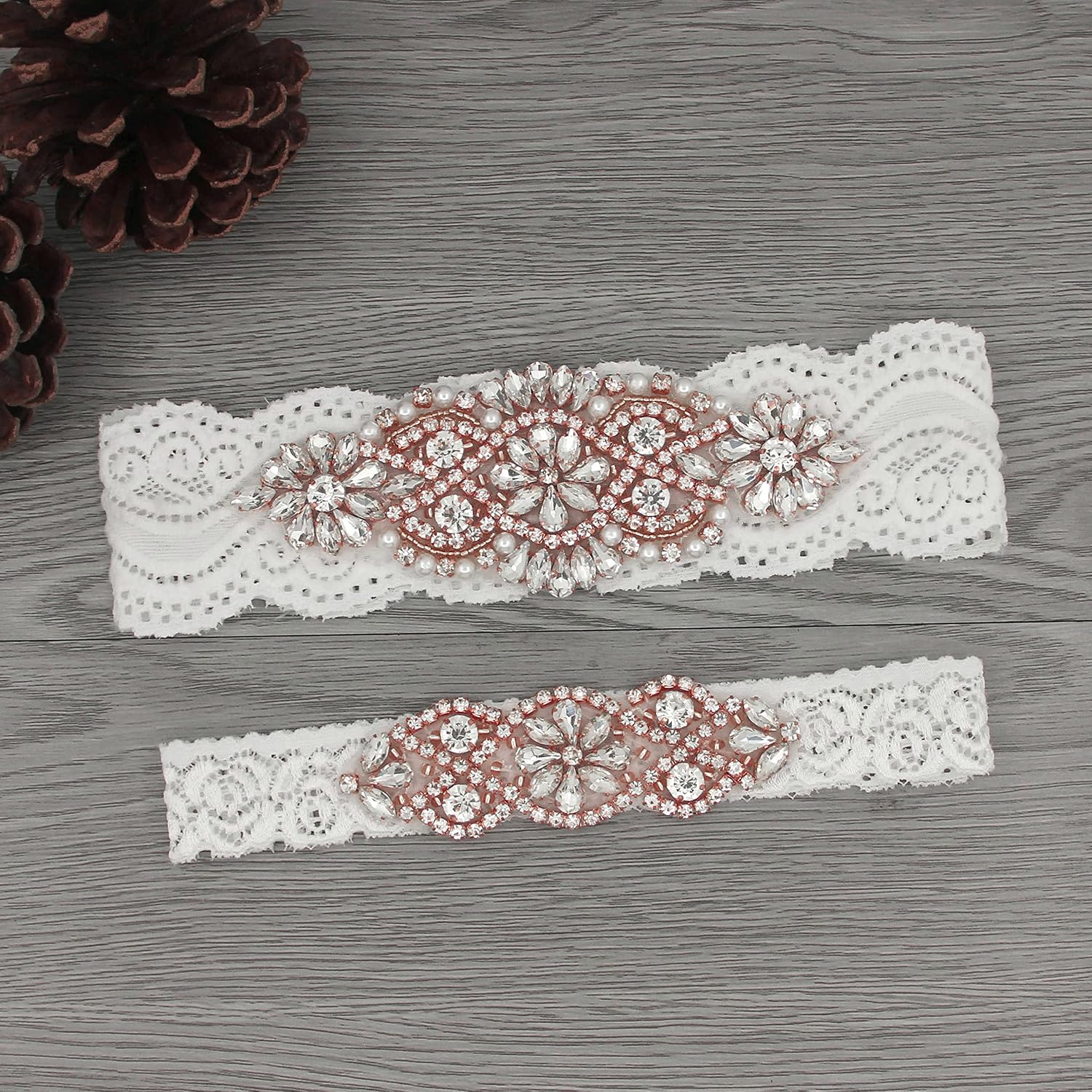 Wedding Garters for Bride with Non-Slip Silicone, Lace Bridal Garter Set with Clear Rhinestones Crystal Pearl