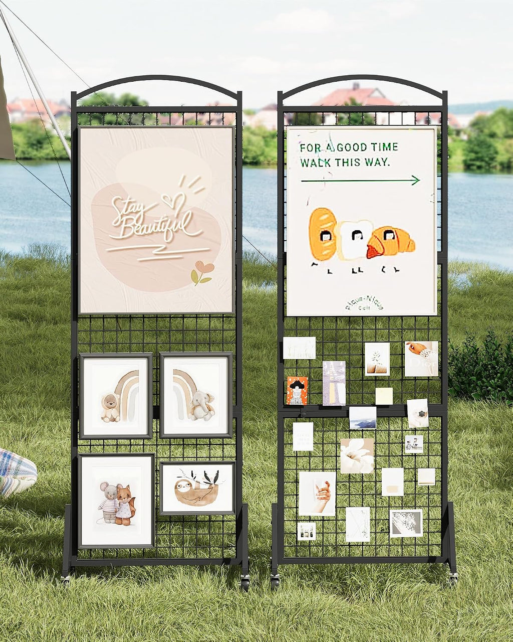 Foldable Grid Wall Panel 1.9' x 5.6' FT, Movable Gridwall Display Rack, Wire Grid Rack on Wheels, Retail Display