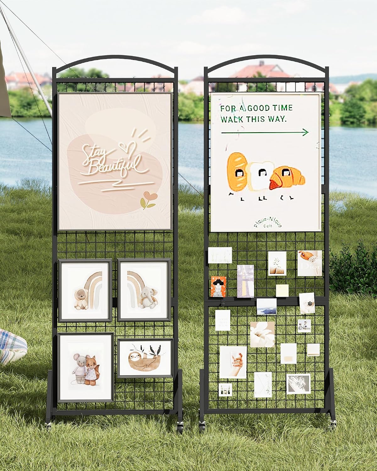 Foldable Grid Wall Panel 1.9' x 5.6' FT, Movable Gridwall Display Rack, Wire Grid Rack on Wheels, Retail Display
