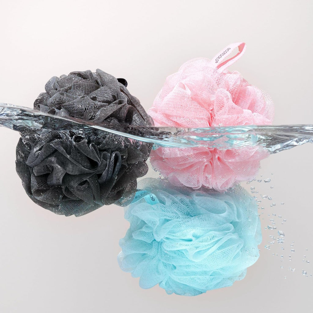 EcoPouf 3 Pack Bath Sponge Set, Soft Recycled Netting Shower Poufs for Gentle Exfoliating & Daily Body Cleansing