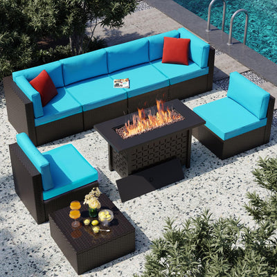 8 Pieces Patio Furniture Set with 43" Fire Pit, Outdoor Couch Sectional Set, Small Conversation Set, 50,000 BTU Gas