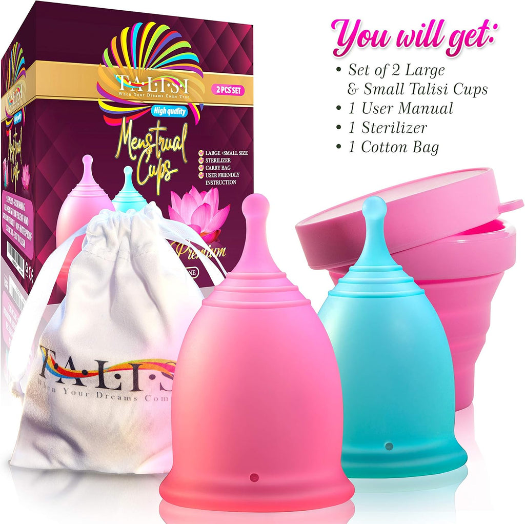 Talisi Menstrual Cups Set of 2 with Collapsible Silicone Foldable Sterilizing Cup - Tampon and Pad Alternative