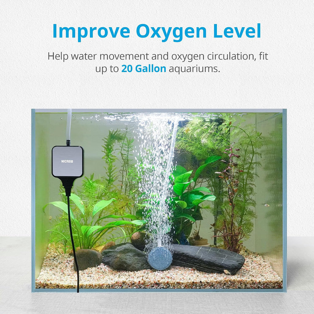 Nano Silent Aquarium Air Pump Black, Aquarium Aerator with Accessories for UP to 20 Gallon Fish Tank, Super Quiet