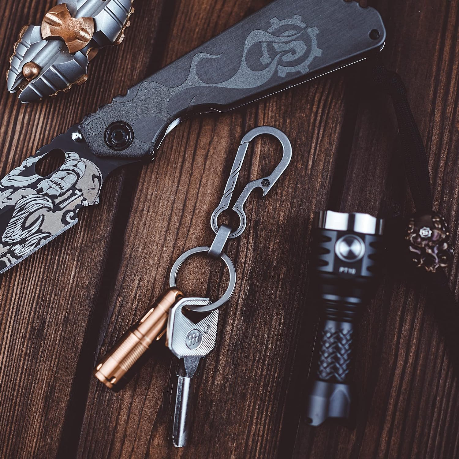 KM01 Titanium EDC Keychain Clip with Bottle Opener | Quick Release Carabiner Key Ring Holder, Compact Pocket Tool