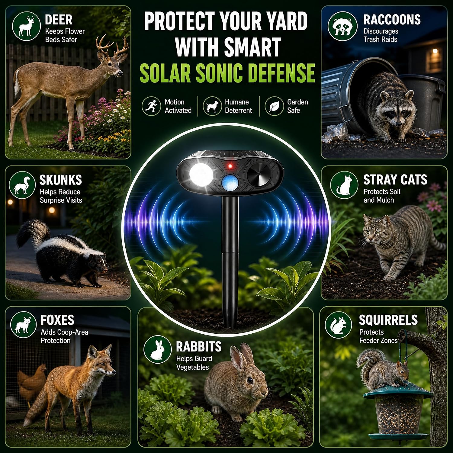 Sonic Fortress Pro Deer Repellent Solar Ultrasonic Animal Repeller 2 Pack | Outdoor Cat Deterrent with Motion Sensor