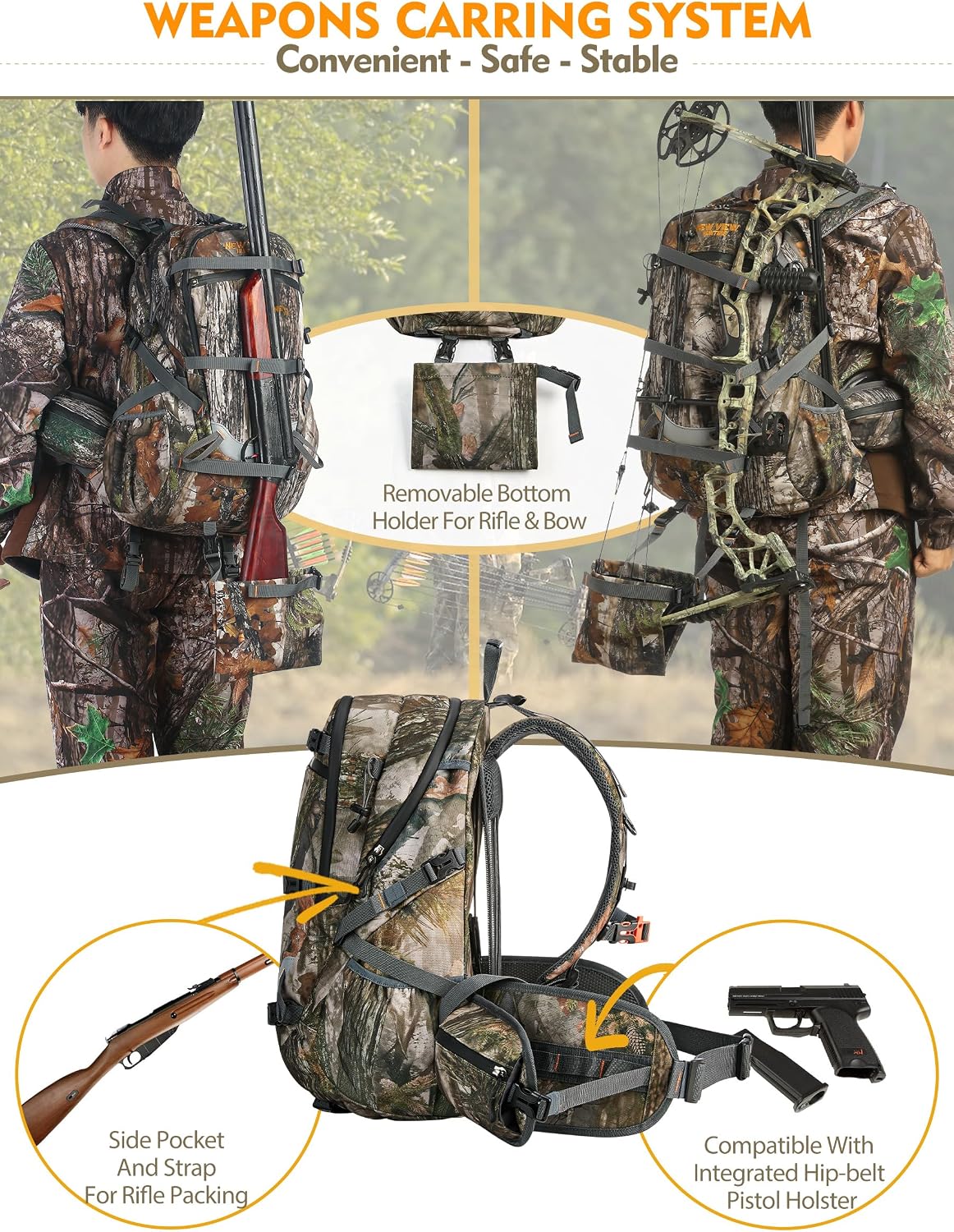 Hunting Backpacks for Men 35L, Camo Backpack for Hunting with Rifle Bow Gun Holder, Waterproof Hunting Pack with Rain
