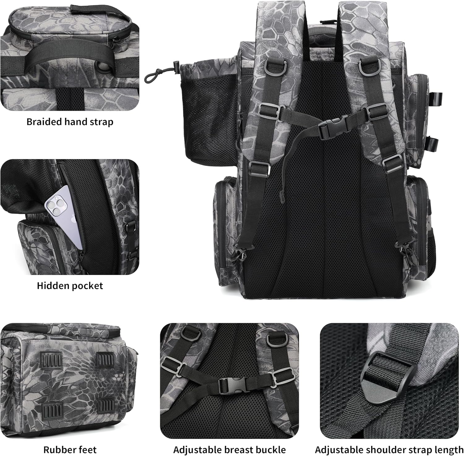 Fishing Tackle Backpack with Rod Holders, Bottle Holder, Storage Bag Store Fishing Gear