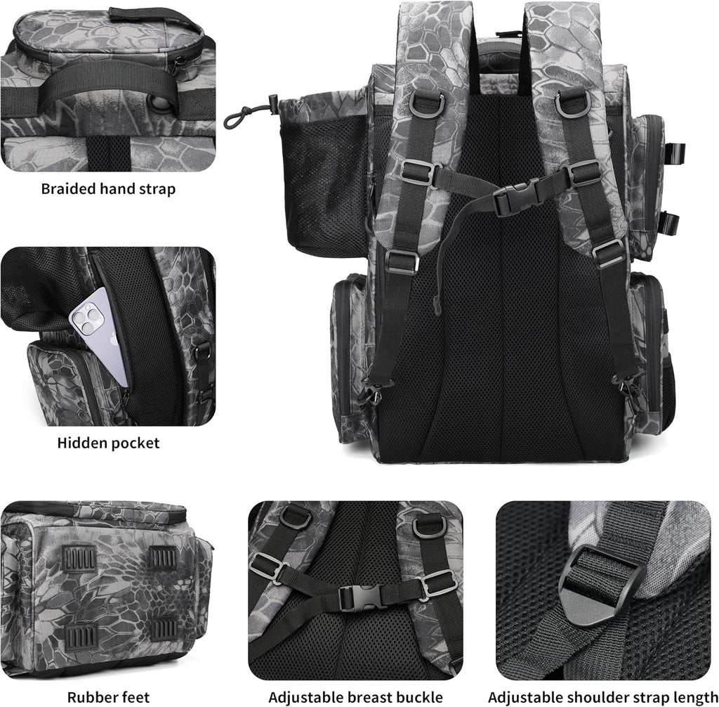 Fishing Tackle Backpack with Rod Holders, Bottle Holder, Storage Bag Store Fishing Gear