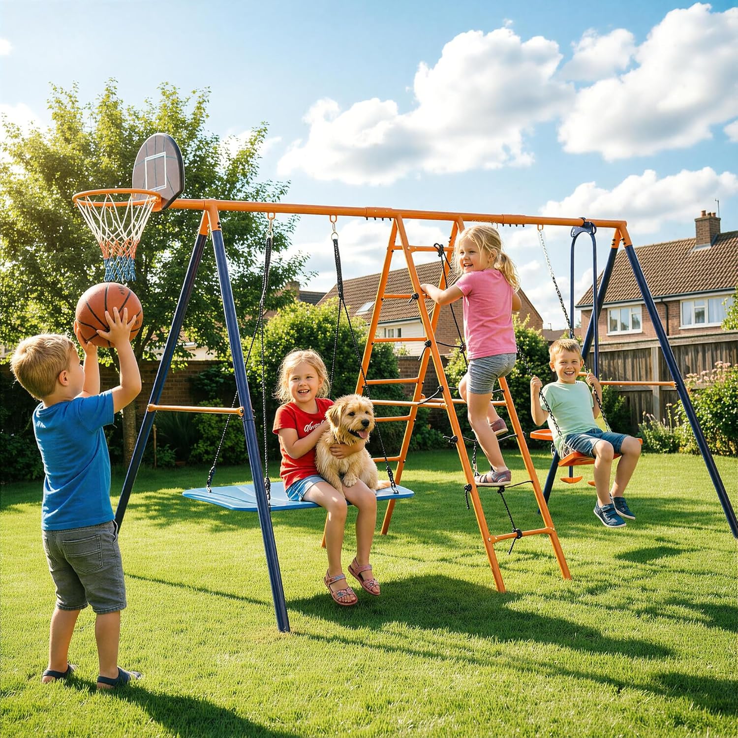6-in-1 Outdoor Swing Set for Kids, Heavy Duty Metal Playset with Adjustable Swings, Climbing Ladder, Rope Net, Swing