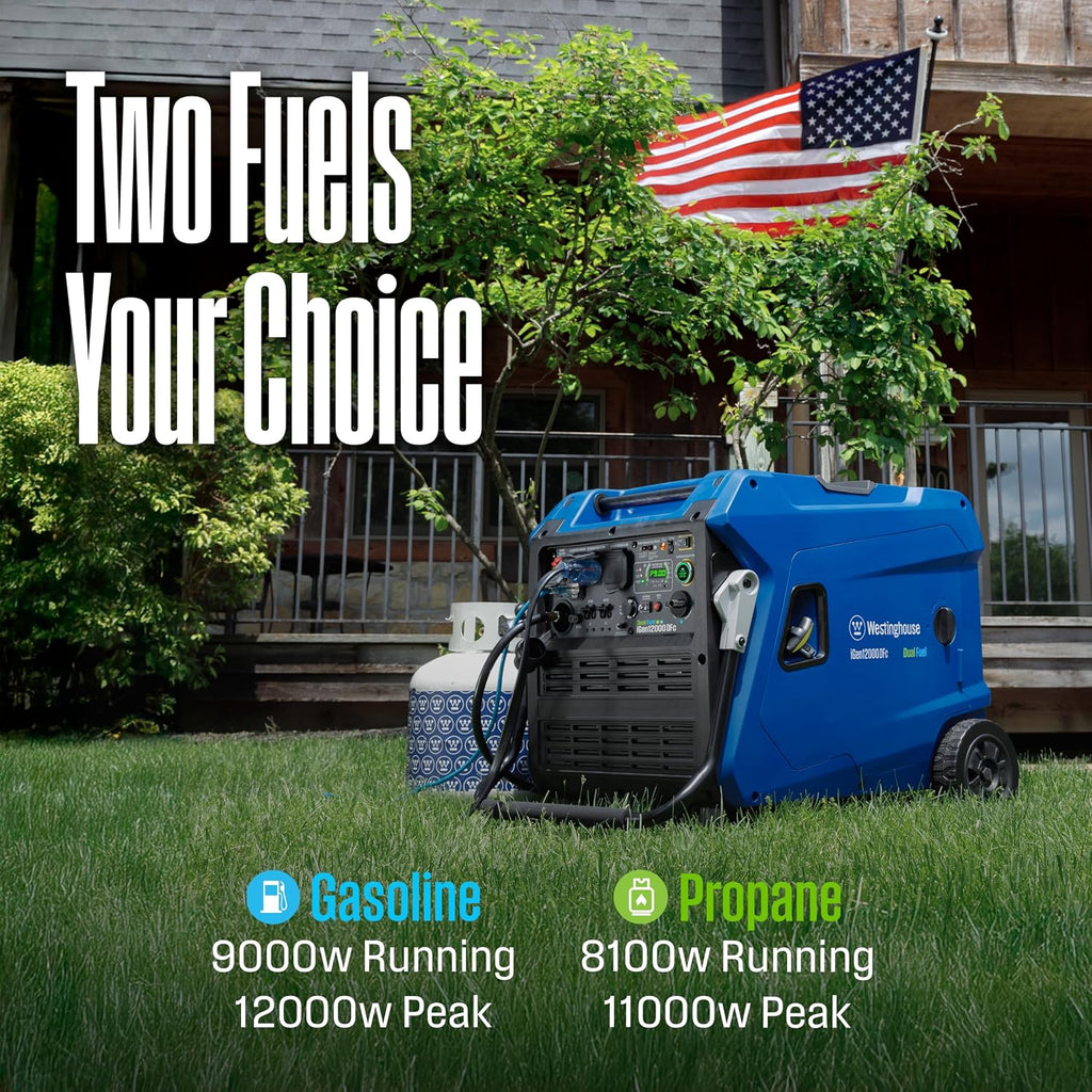 12000 Peak Watt Dual Fuel Portable Inverter Generator, Remote Electric Start, Transfer Switch Ready, Gas and Propane