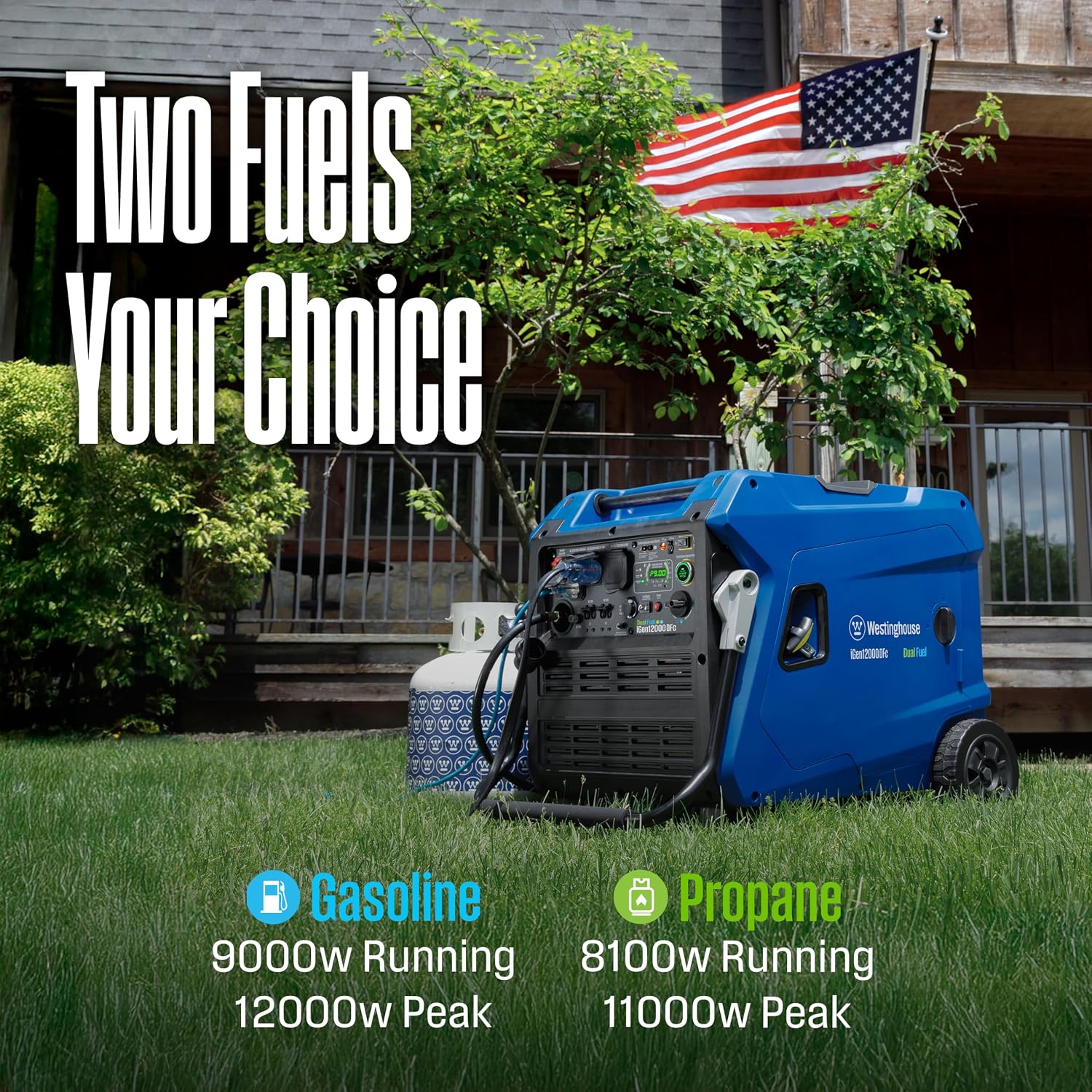 12000 Peak Watt Dual Fuel Portable Inverter Generator, Remote Electric Start, Transfer Switch Ready, Gas and Propane