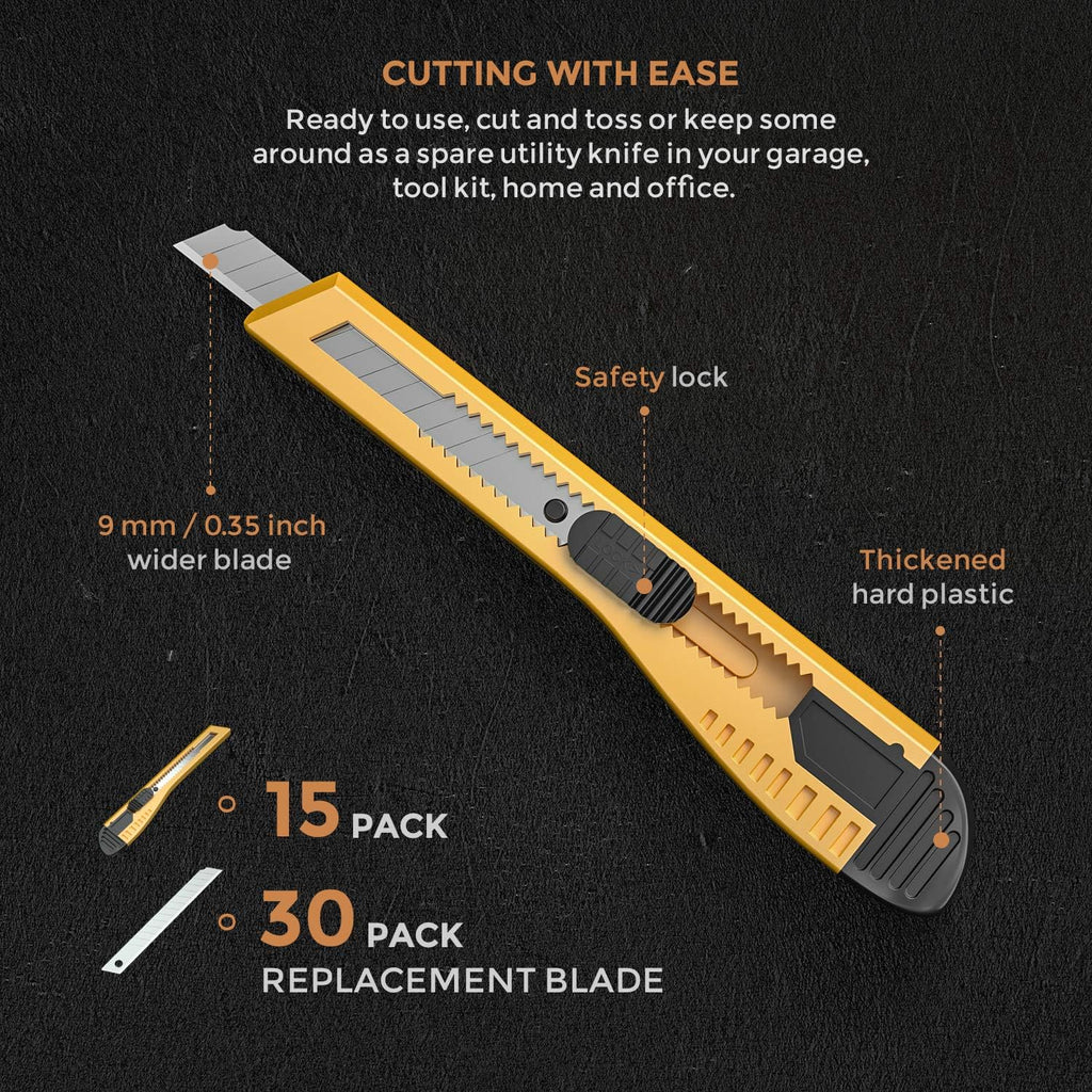 15 PCS Utility Knife, Retractable Box Cutters Razor Knife Snap 9mm