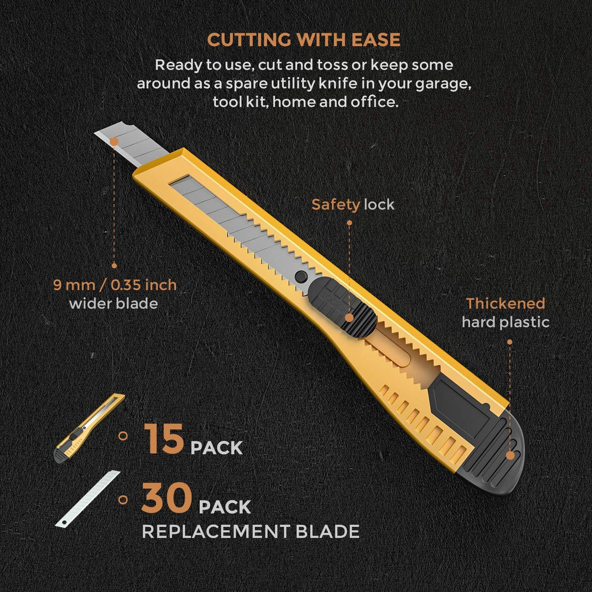 15 PCS Utility Knife, Retractable Box Cutters Razor Knife Snap 9mm