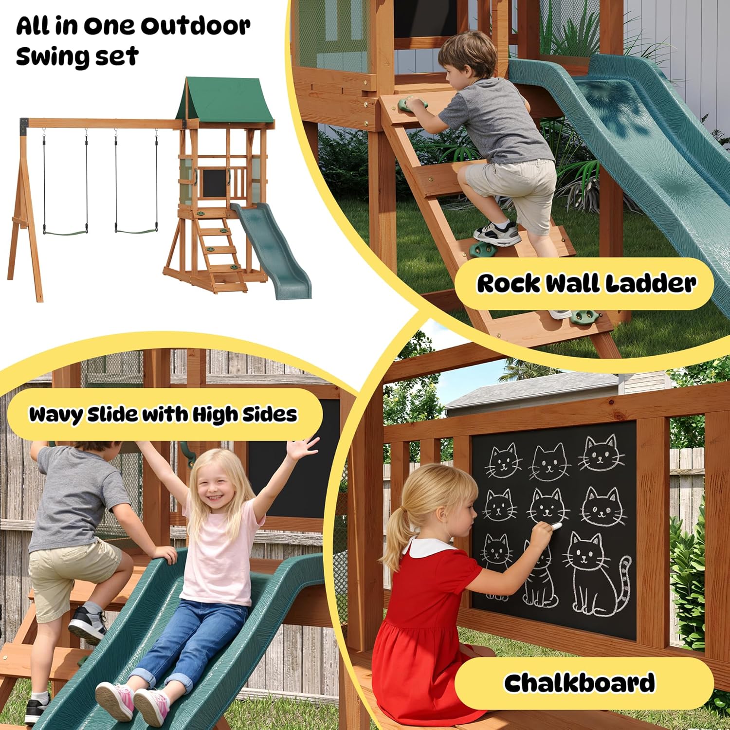 Wood Swing Sets for Backyard - Playground Sets for Backyards, Outdoor Playset with Wave Slide, Play Deck, Rock Wall