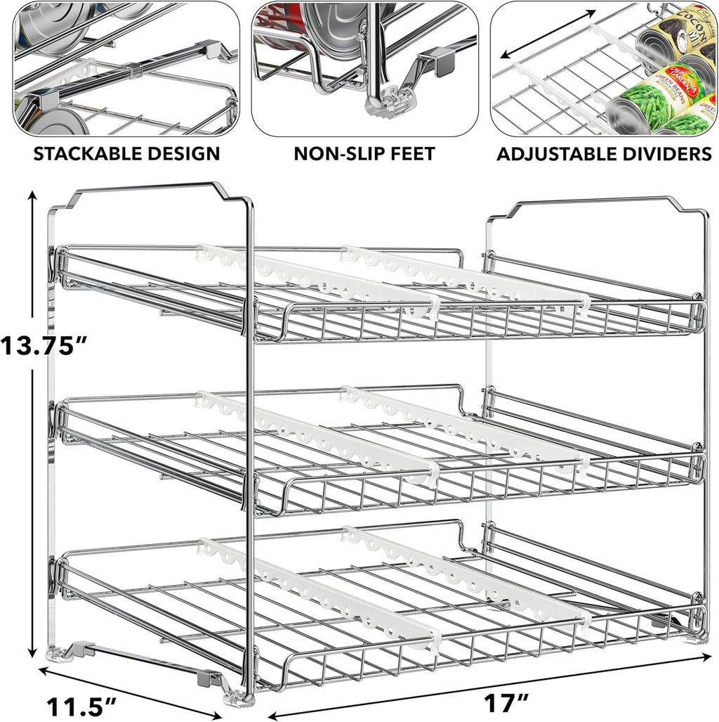 Stackable Can Organizer Rack for Pantry/Cabinet – 11.5" D x 17" W x 13.75" H, Holds 36 Cans, 3-Tier Can Food Storage