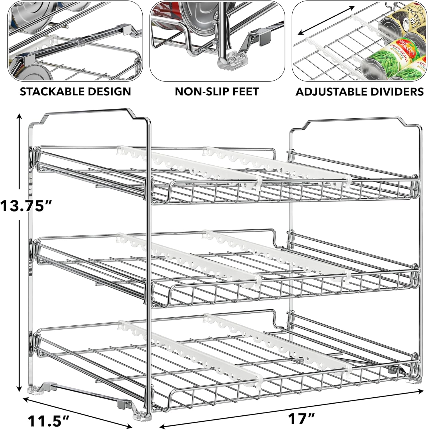 Stackable Can Organizer Rack for Pantry/Cabinet – 11.5" D x 17" W x 13.75" H, Holds 36 Cans, 3-Tier Can Food Storage