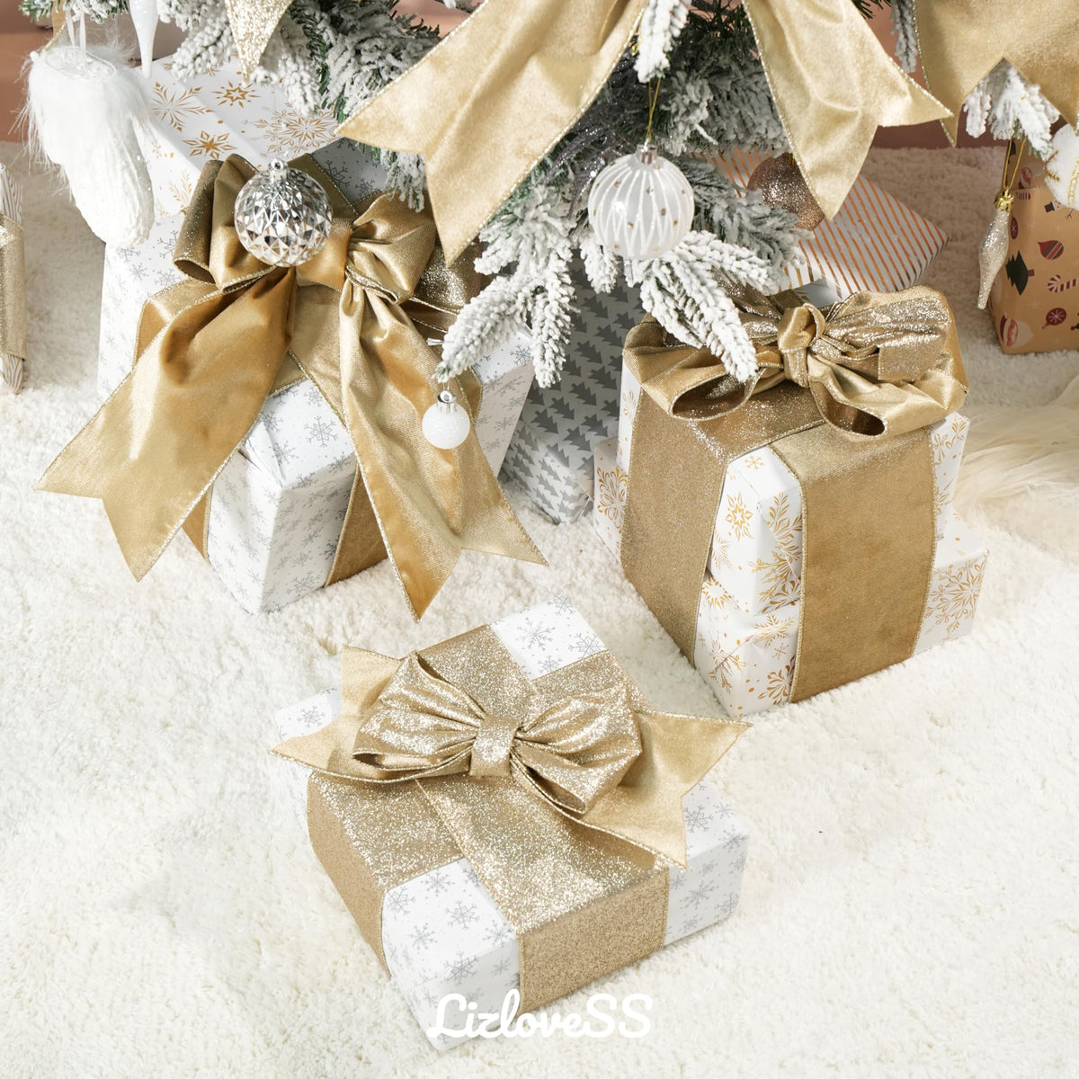 Gold Christmas Velvet Wired Ribbon 4 Inch, 10 Yards
