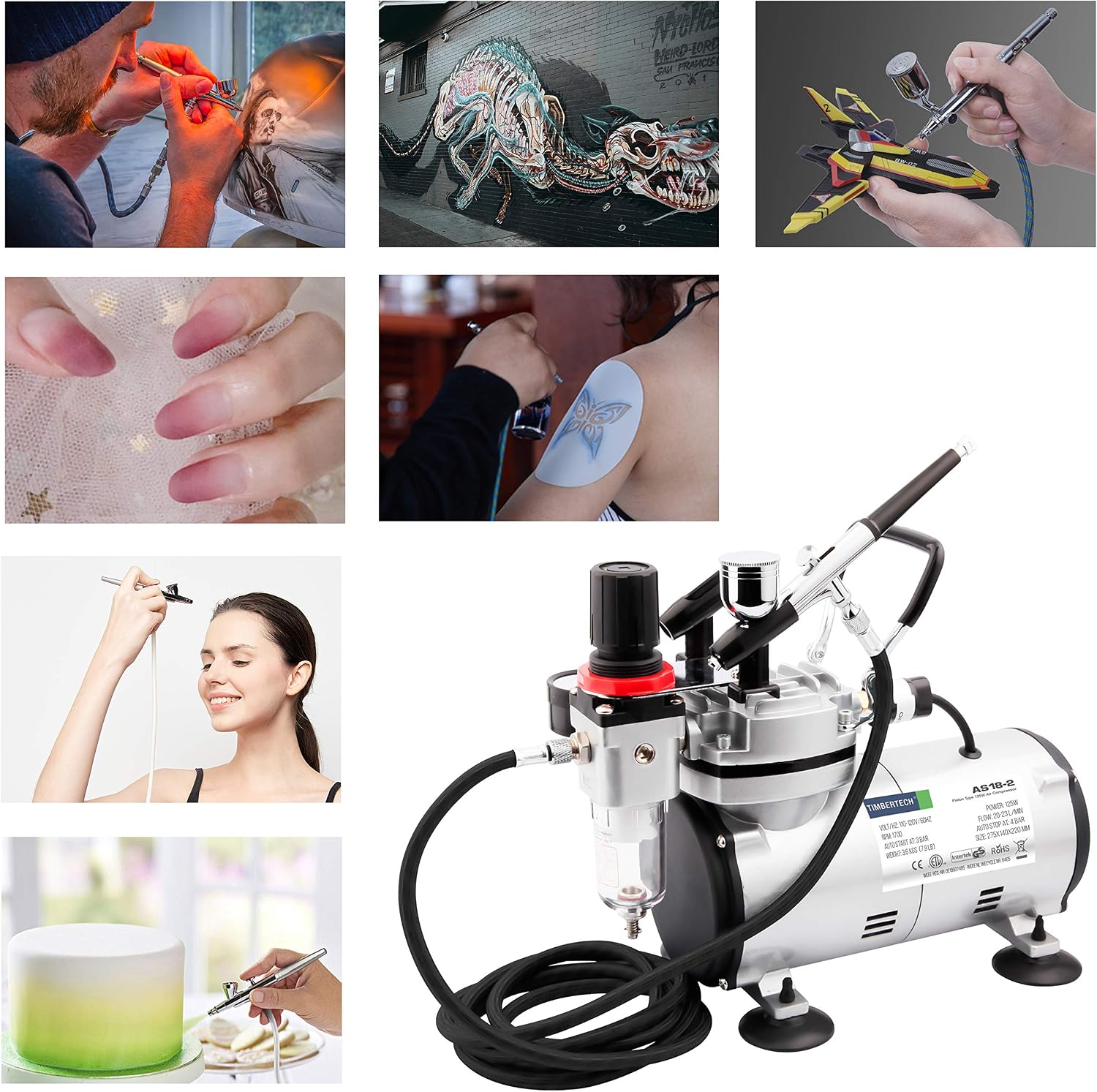 Airbrush Kit With Compressor AS18-2K Basic Start Kit With Air Hose, Cleaning Brushes, and Test Paints for Hobby, Body