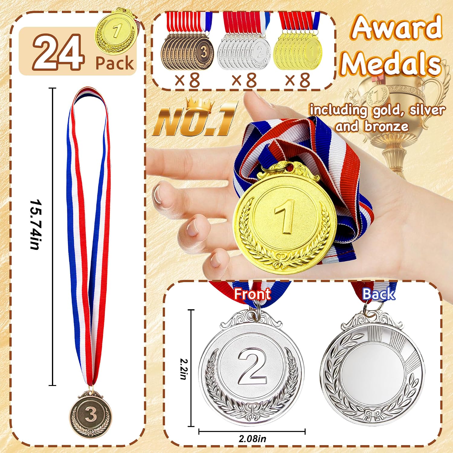 24/36/48/72/108 Pcs Gold Silver Bronze Award Medals, 2’’ Olympic Style Winner Medals Gold Silver Bronze Prizes with