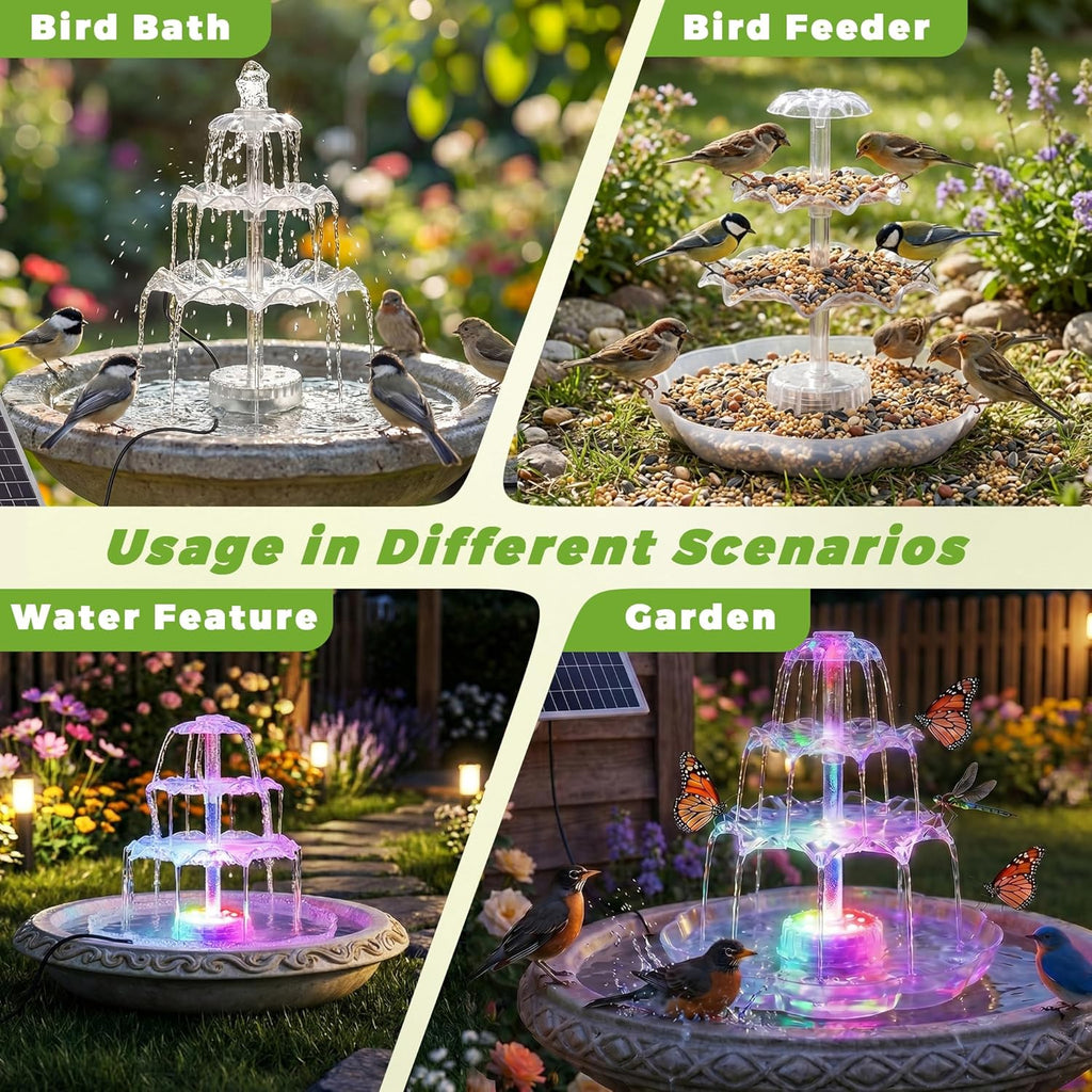 6.5W Solar Bird Bath Fountains with Lights, 3 Tiered Bird Bath